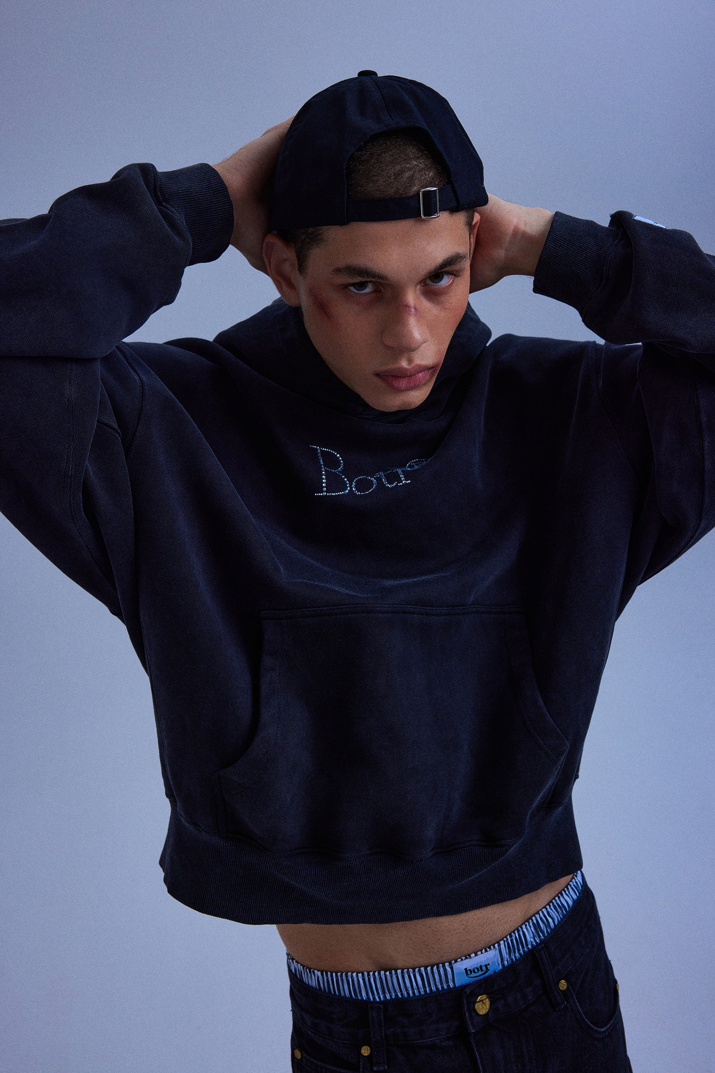 Charcoal Black Rhinestone Logo Washed Oversized Hoodie