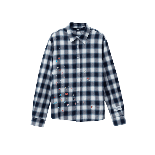 Sticker Print Rhinestone Blue Plaid Shirt