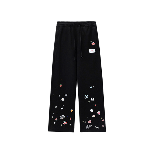 Sticker Print Rhinestone Straight-Leg Loose Sweatpants