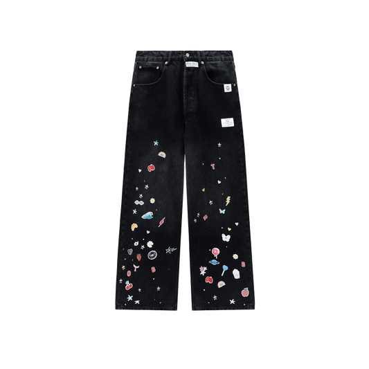 Sticker Print Rhinestone Straight-Leg Loose Jeans