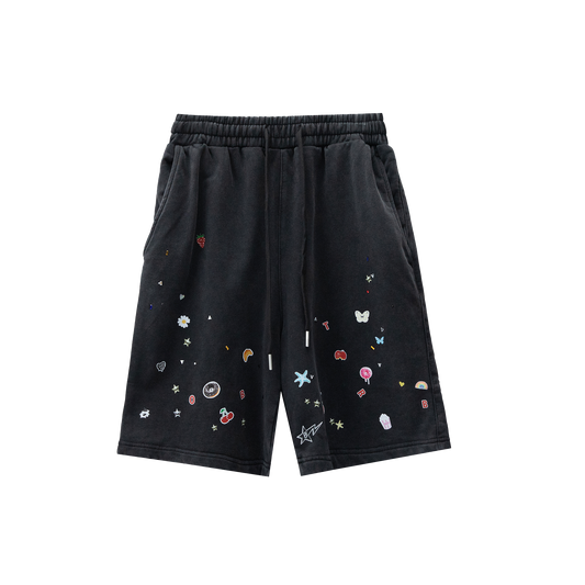 Sticker Print Rhinestone Washed Loose Shorts