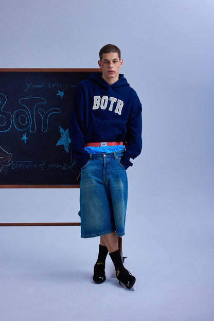 Deep Blue Campus Style Large Logo Oversized Hoodie