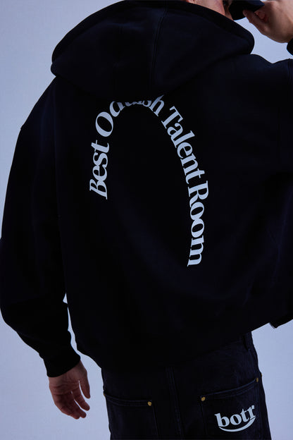 Heavyweight Black Fleece Lined Zipper Hoodie with Oval Logo Print on Back