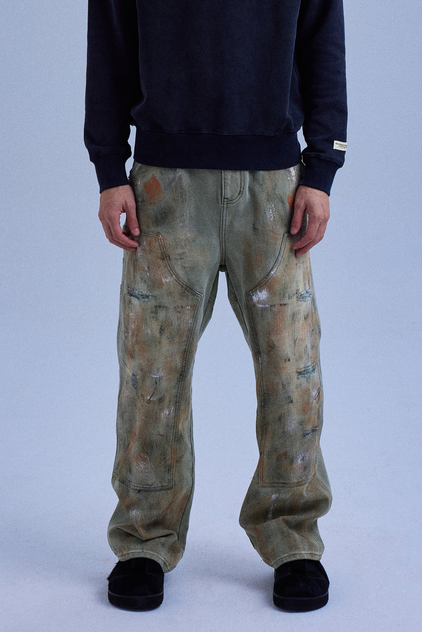 Straight-Leg Workwear Style Oversized Casual Jeans with Paint Splatter Effect and Logo