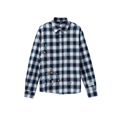Sticker Print Rhinestone Blue Plaid Shirt