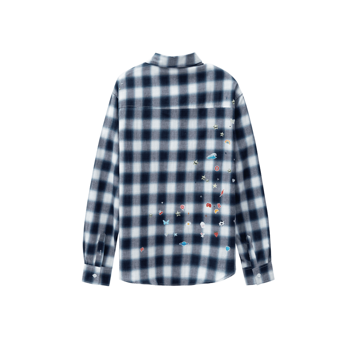 Sticker Print Rhinestone Blue Plaid Shirt