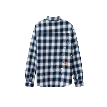 Sticker Print Rhinestone Blue Plaid Shirt