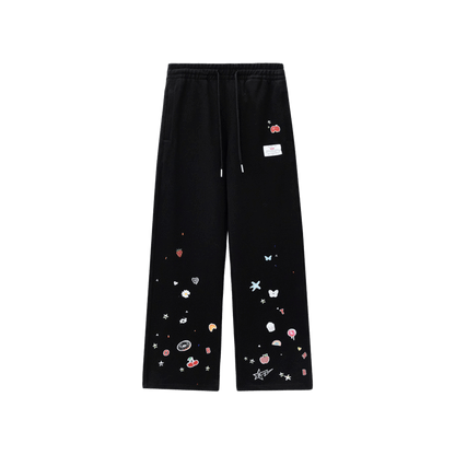 Sticker Print Rhinestone Straight-Leg Loose Sweatpants