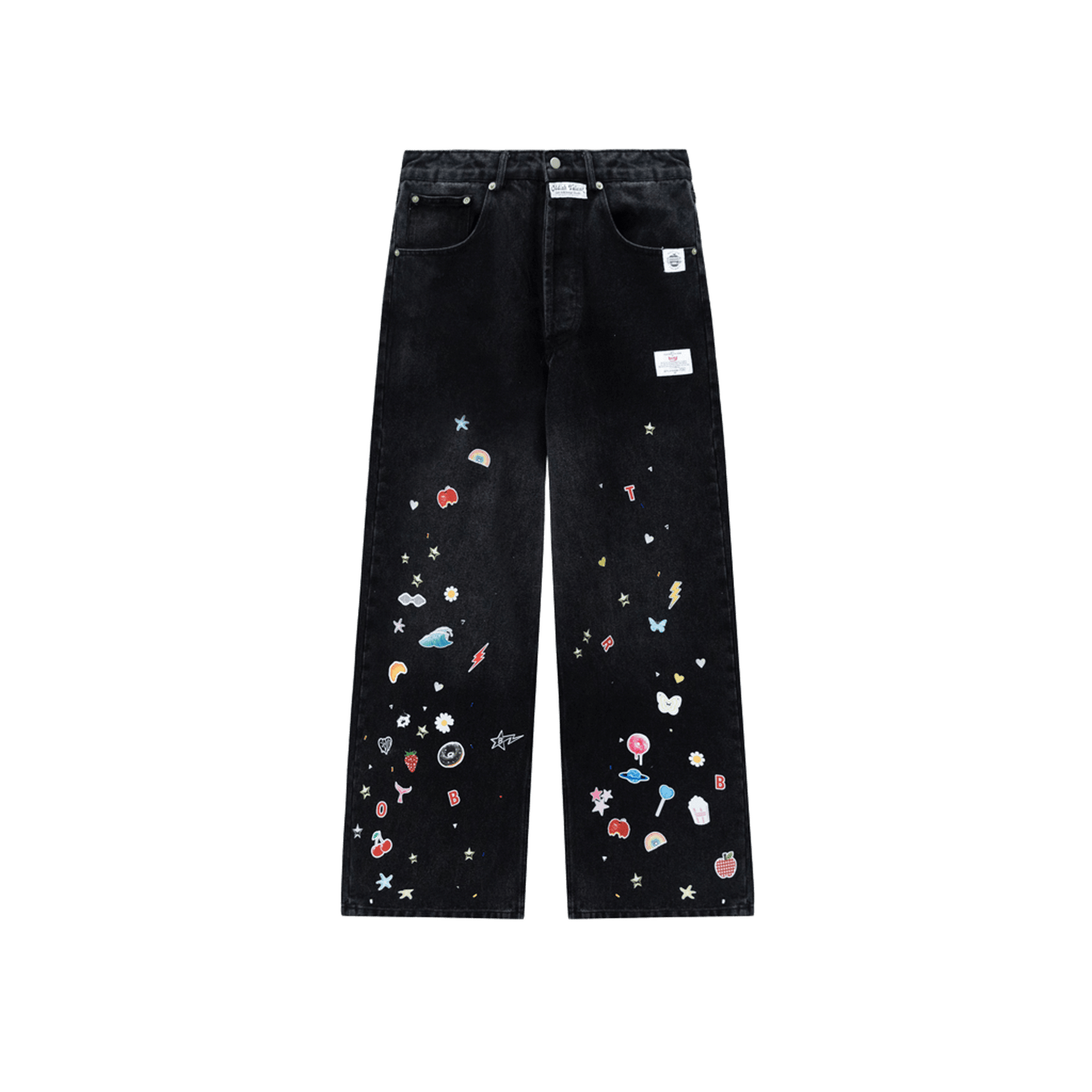 Sticker Print Rhinestone Straight-Leg Loose Jeans