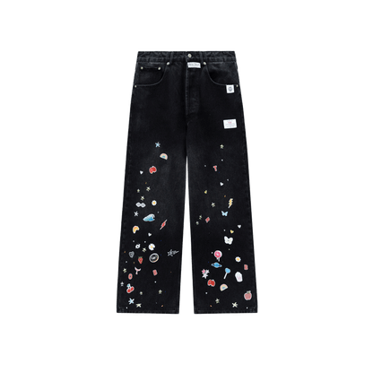 Sticker Print Rhinestone Straight-Leg Loose Jeans