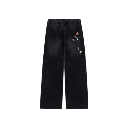 Sticker Print Rhinestone Straight-Leg Loose Jeans