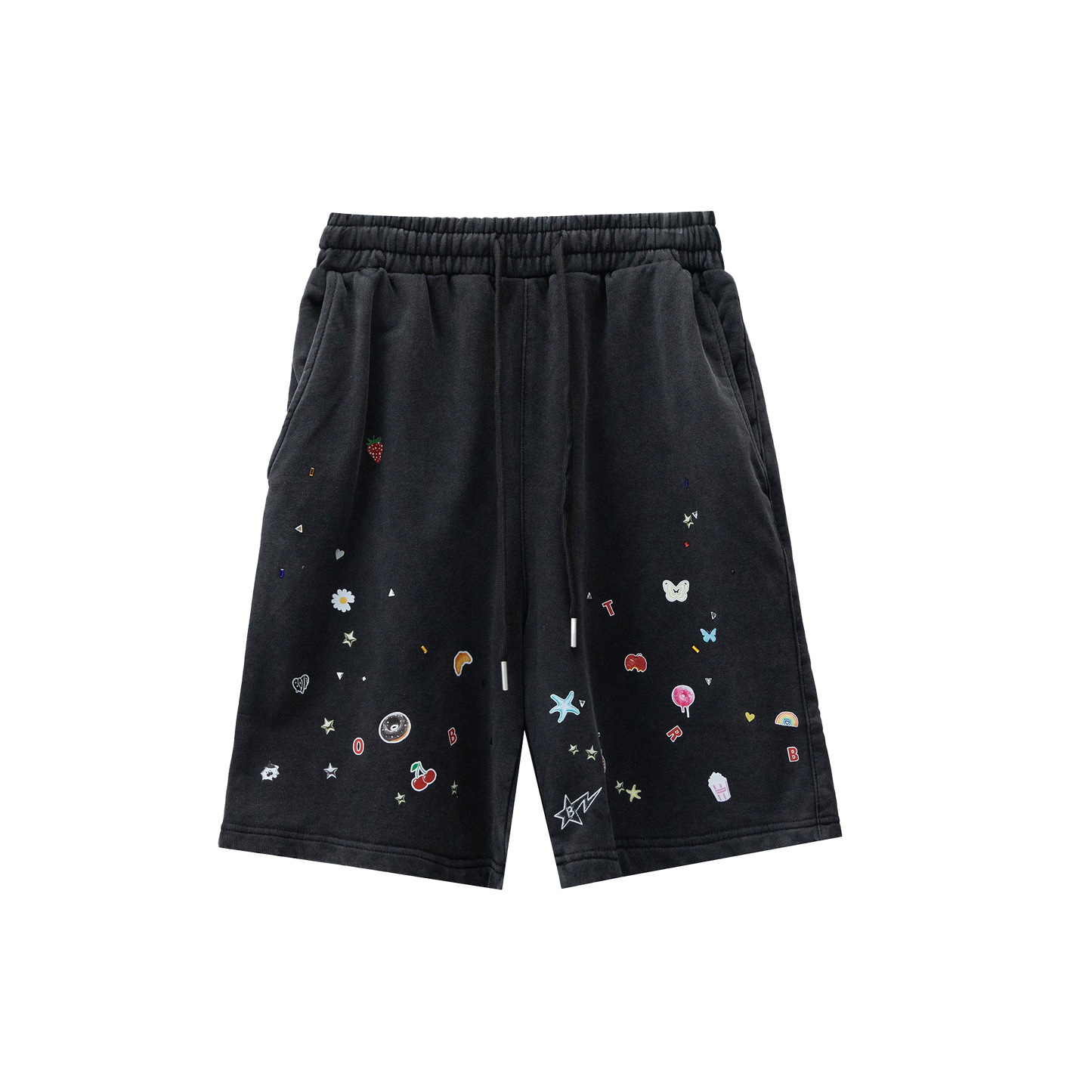 Sticker Print Rhinestone Washed Loose Shorts