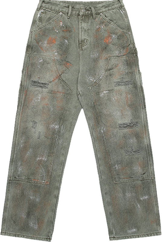 Straight-Leg Workwear Style Oversized Casual Jeans with Paint Splatter Effect and Logo