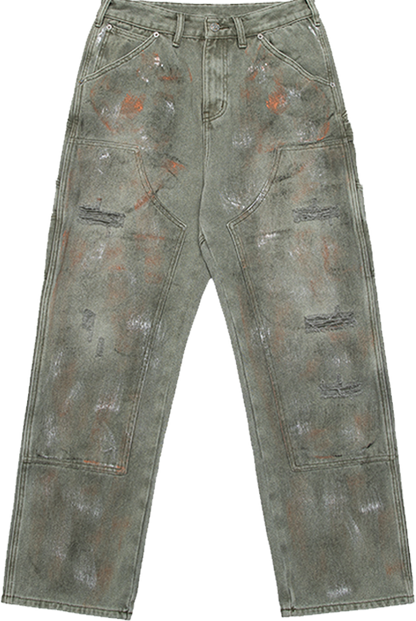 Straight-Leg Workwear Style Oversized Casual Jeans with Paint Splatter Effect and Logo