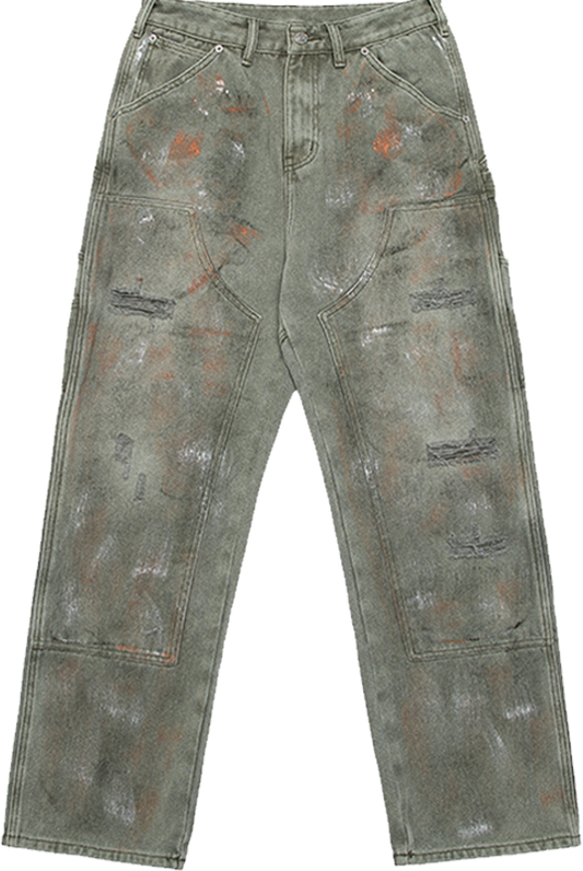 Straight-Leg Workwear Style Oversized Casual Jeans with Paint Splatter Effect and Logo