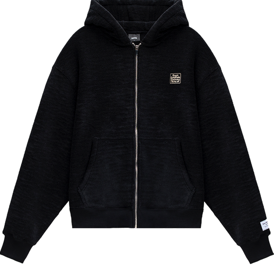 Heavyweight Black Fleece Lined Zipper Hoodie with Slogan Print on Back