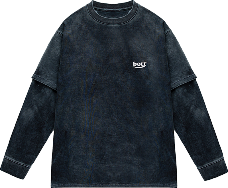 Gray Blue Washed Split Sleeve Classic Logo Crewneck Long Sleeve T-Shirt