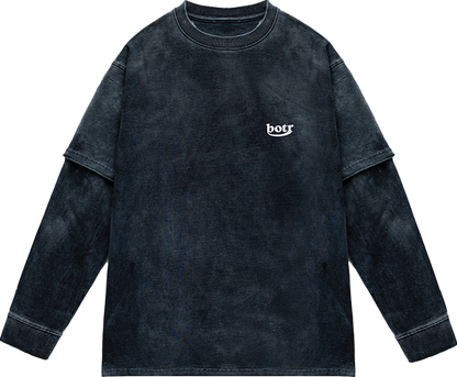 Gray Blue Washed Split Sleeve Classic Logo Crewneck Long Sleeve T-Shirt