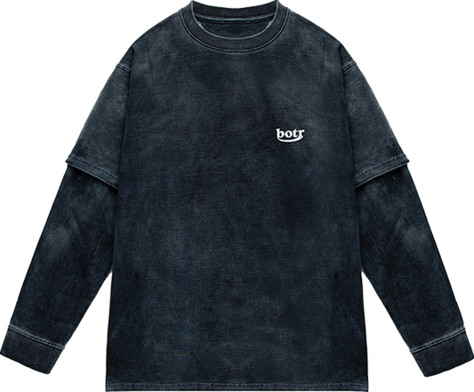 Gray Blue Washed Split Sleeve Classic Logo Crewneck Long Sleeve T-Shirt