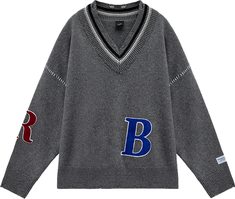 Gray with Large Letter Badge Embroidery V-Neck Oversized Sweater