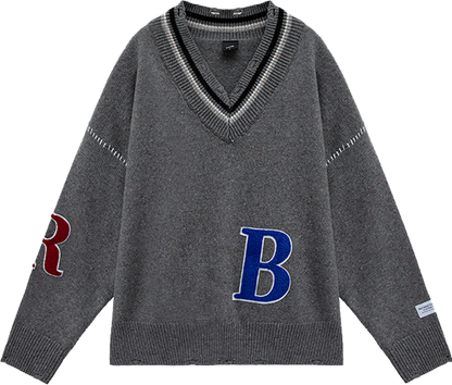 Gray with Large Letter Badge Embroidery V-Neck Oversized Sweater