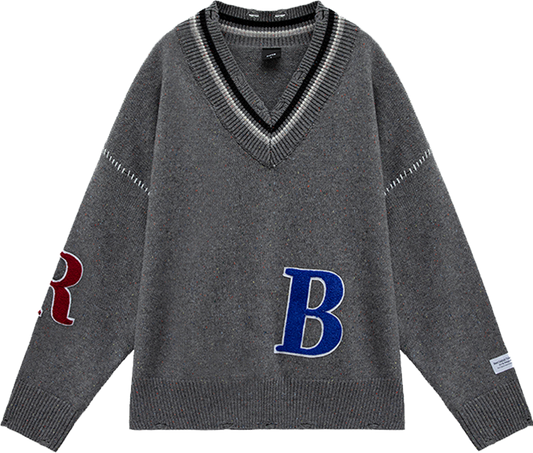 Gray with Large Letter Badge Embroidery V-Neck Oversized Sweater